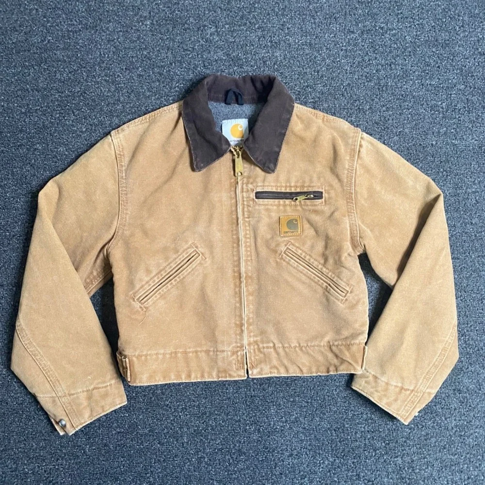 VTG Carhartt‎ Detroit Jacket Tan YYJ97 BRN Boys Small Canvas Blanket Lined USA